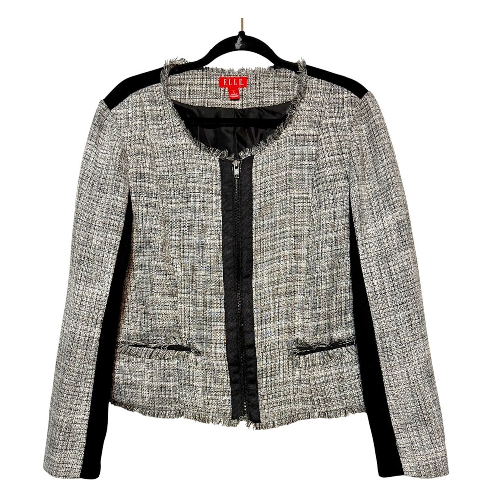 Elle Preppy Chic Tweed Frayed Trim Zip Blazer Jacket Womens Size L Femme Fatal